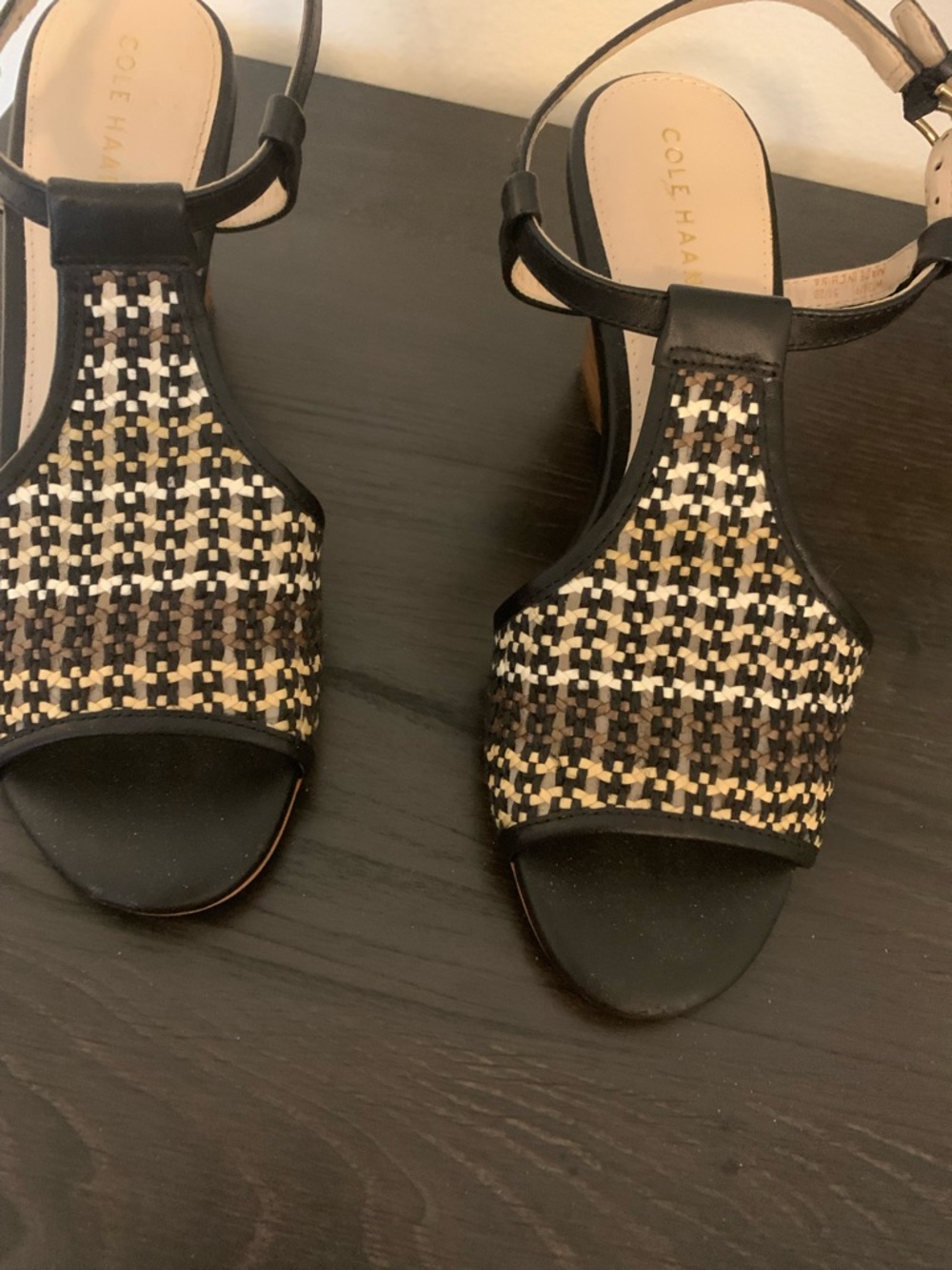 Cole Haan Black, Cream and Brown Woven T-Strap Sandals